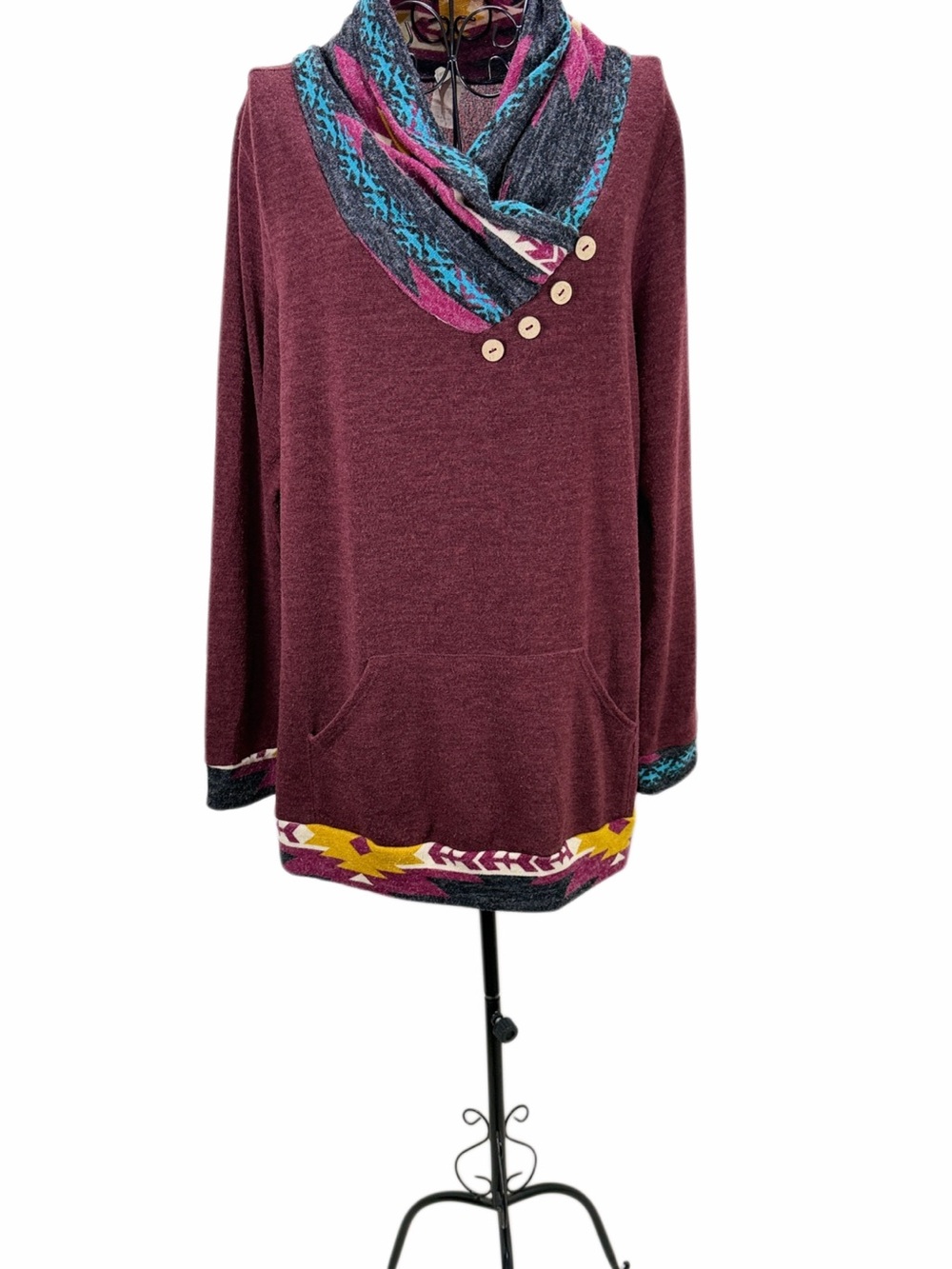 Now N Forever 3X Burgundy Southwest Aztec Cowl Neck Tunic Top